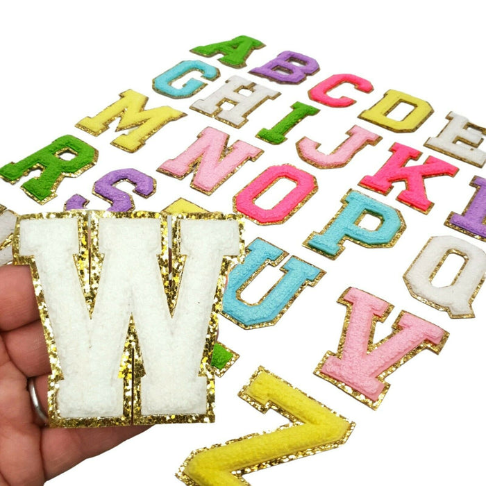 Electric White Chenille With Gold Trim 6.5cm Iron-On Patch Letter W